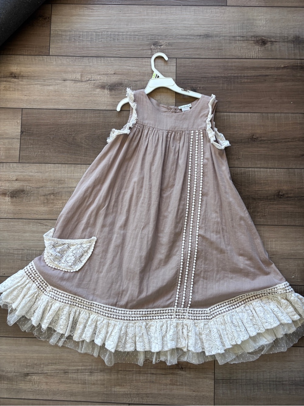 Chasing Fireflies Tan or mauve Cream Tiered Ruffle Lace Girls 10 Dress cottage